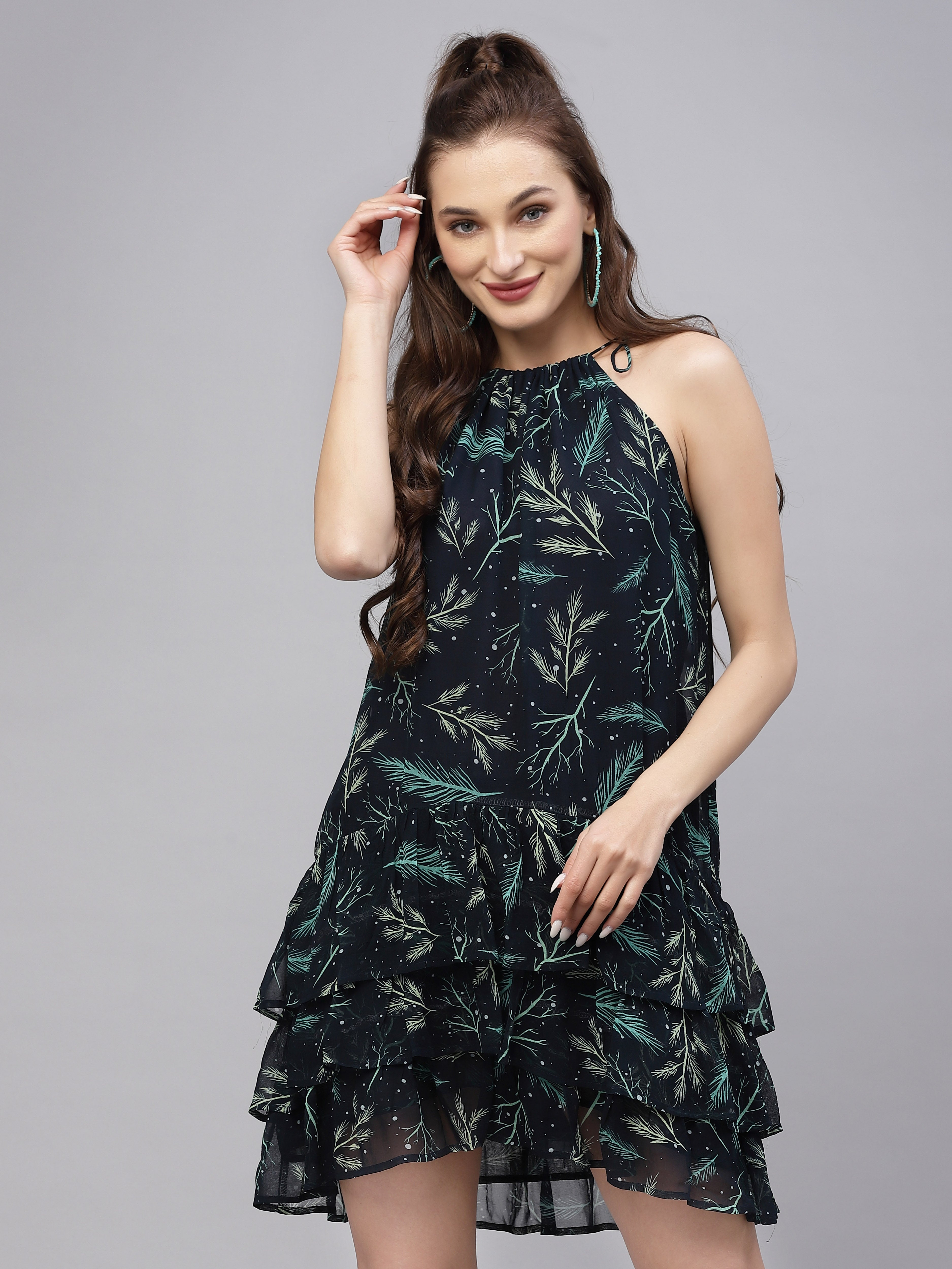 Navy Blue Tie knot leaf Printed Dress