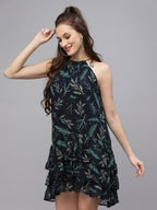 Navy Blue Tie knot leaf Printed Dress