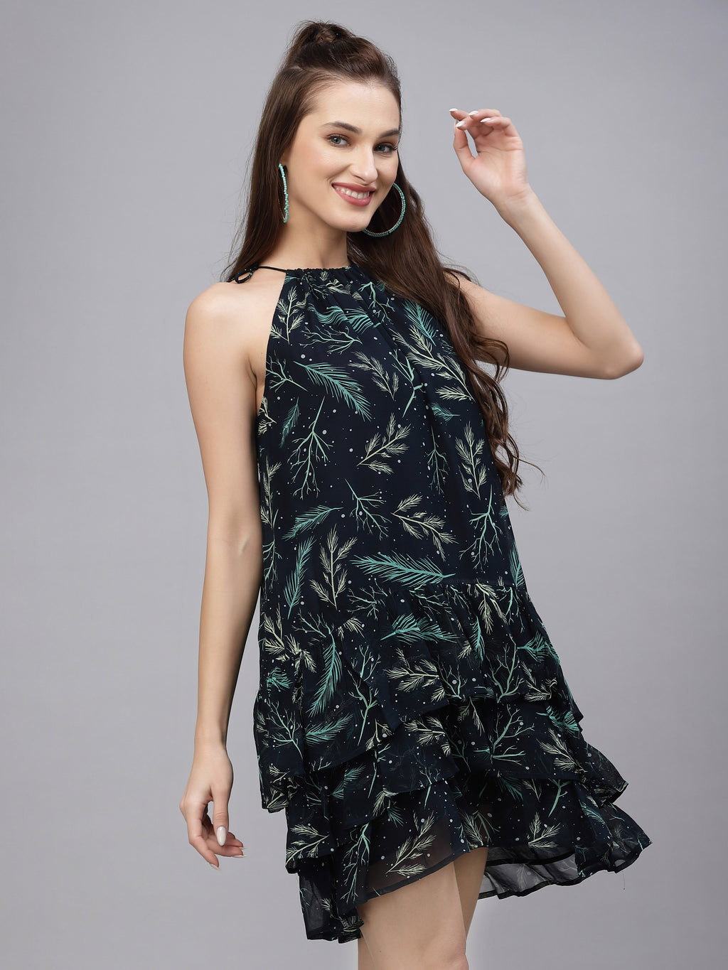 Navy Blue Tie knot leaf Printed Dress