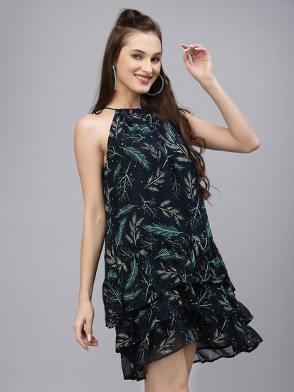 Valbone Women's Navy Blue Tie knot Pattern leaf Printed Dress