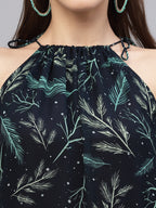 Navy Blue Tie knot leaf Printed Dress