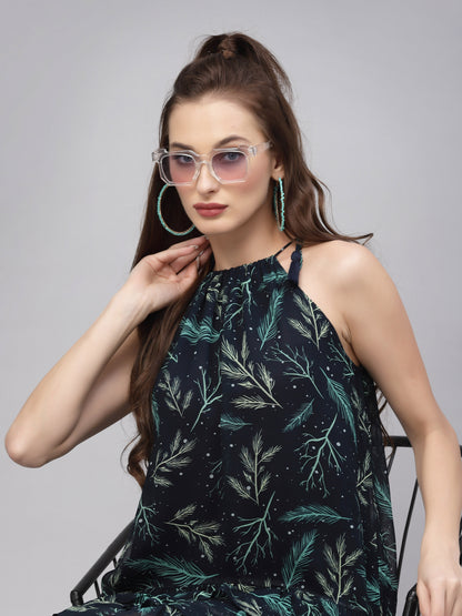 Valbone Women's Navy Blue Tie knot Pattern leaf Printed Dress