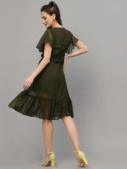 Valbone Women’s Green Georgette Solid Print Dress