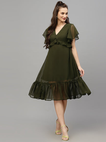 Valbone Women’s Green Georgette Solid Print Dress