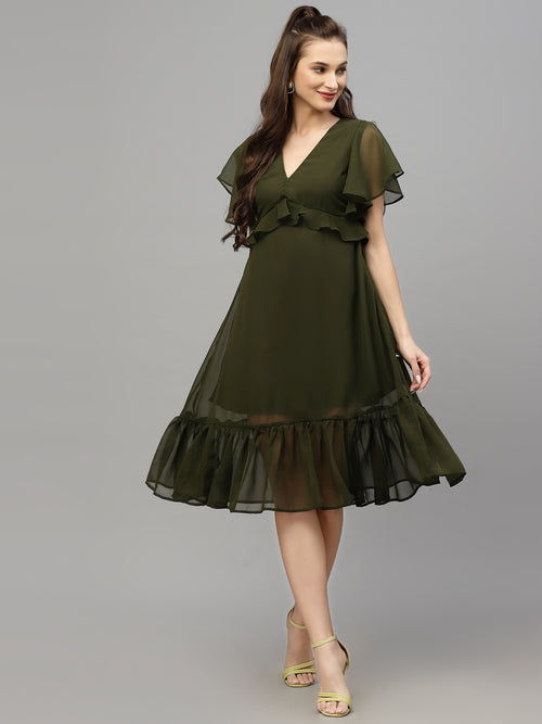 Valbone Women’s Green Georgette Solid Print Dress