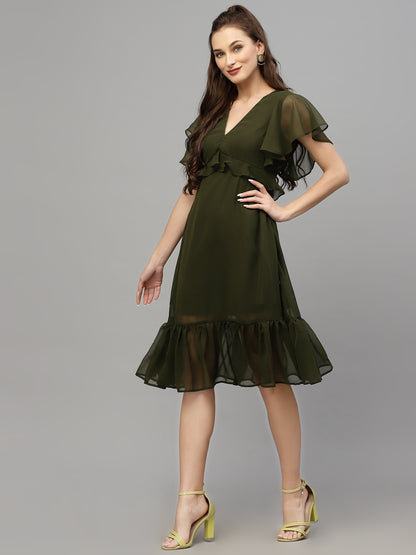 Valbone Women’s Green Georgette Solid Print Dress