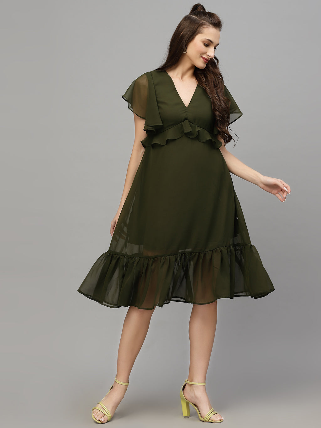 Green Solid Print Dress