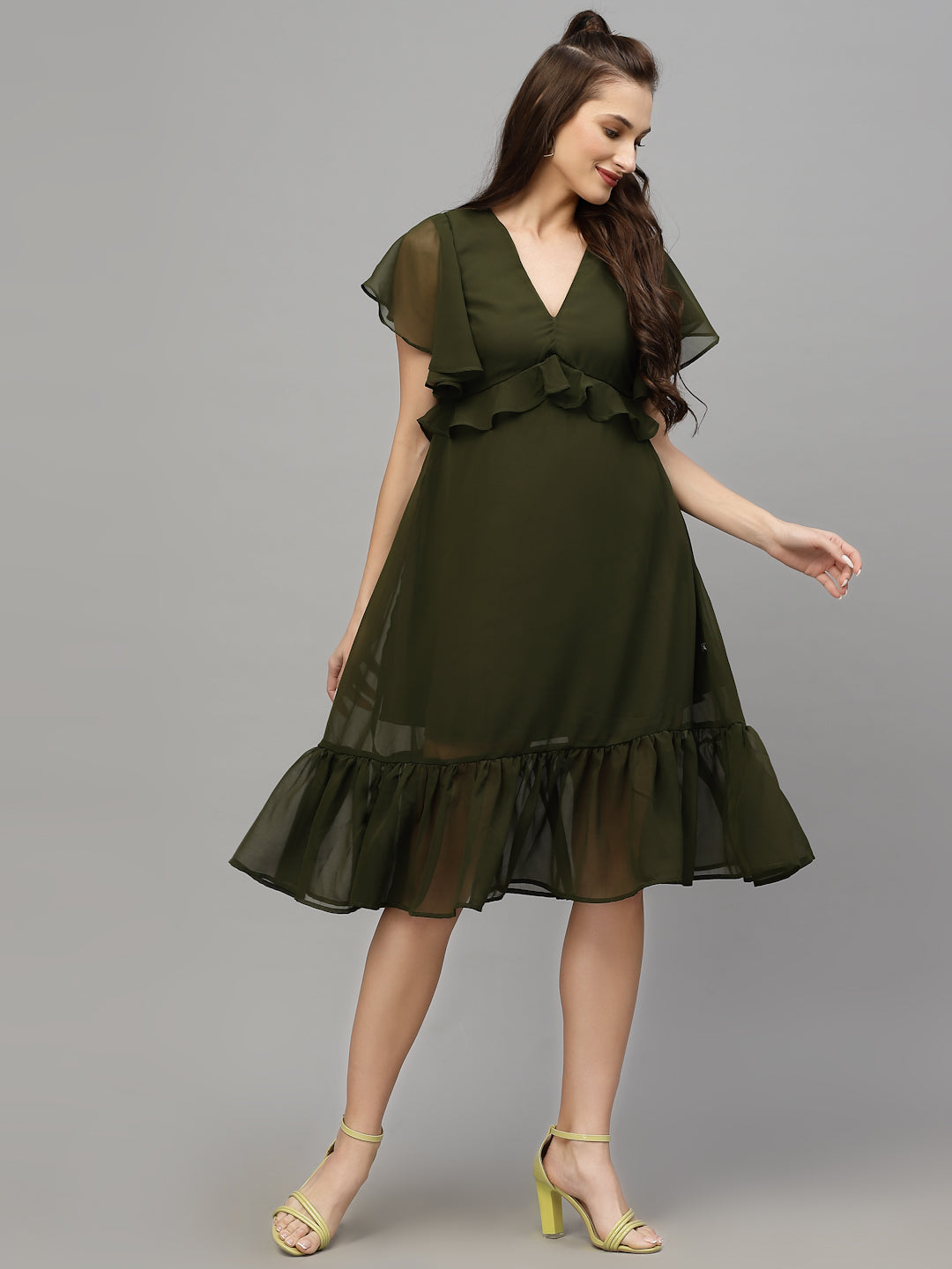 Green Solid Print Dress