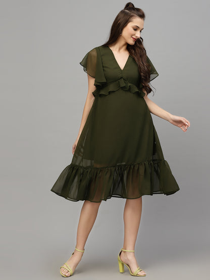 Valbone Women’s Green Georgette Solid Print Dress
