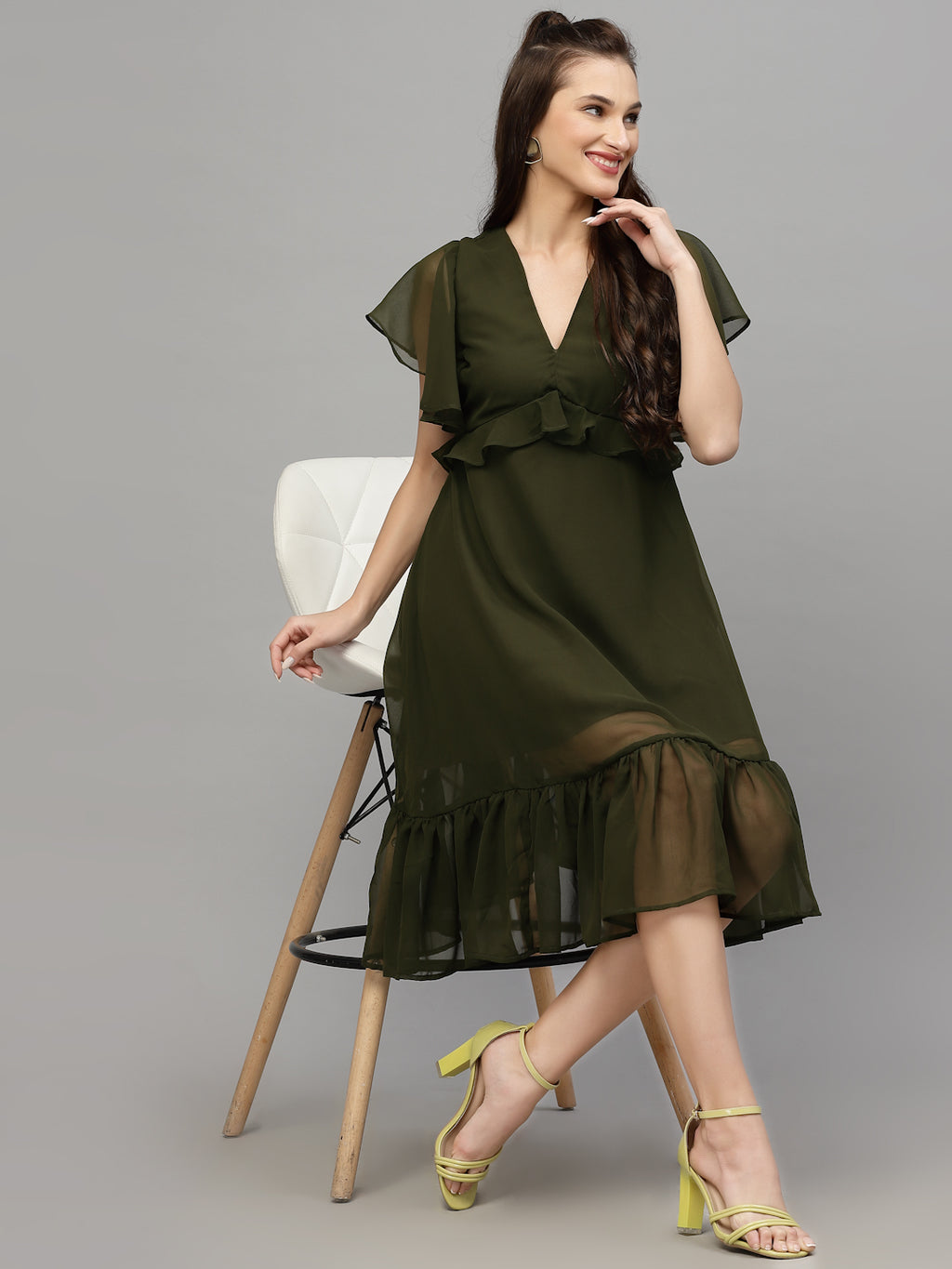 Green Solid Print Dress