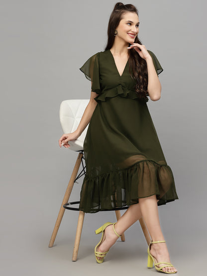 Valbone Women’s Green Georgette Solid Print Dress
