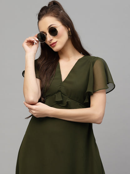 Valbone Women’s Green Georgette Solid Print Dress
