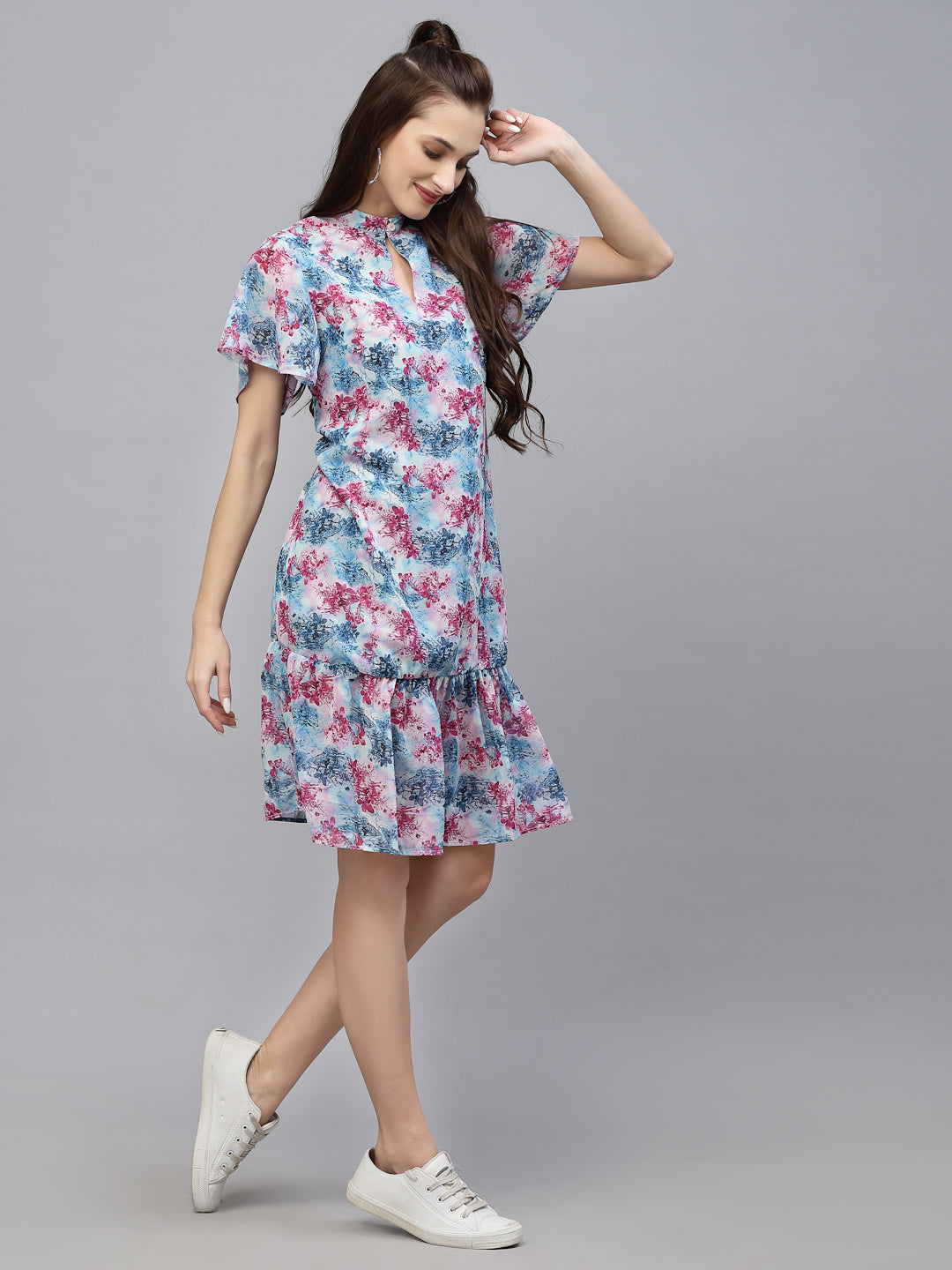 Valbone Western Wear Women's Blue & Pink Georgette Floral Printed Dress