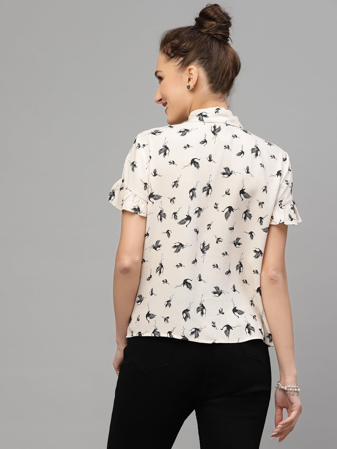 Valbone Women’s White Modal Silk Floral (Birds)Printed Shirt Half Sleeves