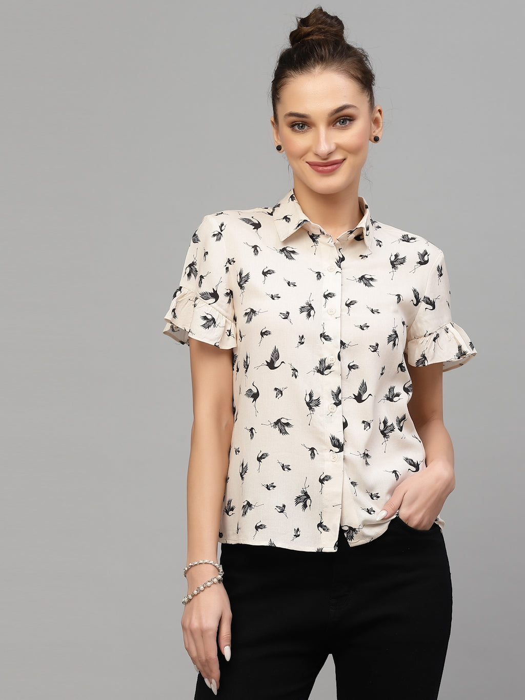 Valbone Women’s White Modal Silk Floral (Birds)Printed Shirt Half Sleeves