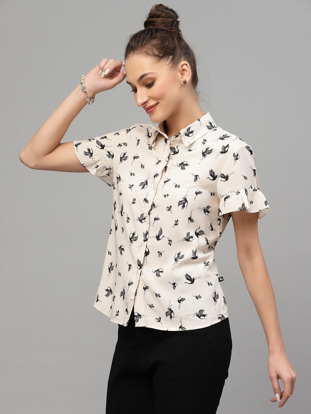 Valbone Women’s White Modal Silk Floral (Birds)Printed Shirt Half Sleeves