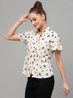 Valbone Women’s White Modal Silk Floral (Birds)Printed Shirt Half Sleeves
