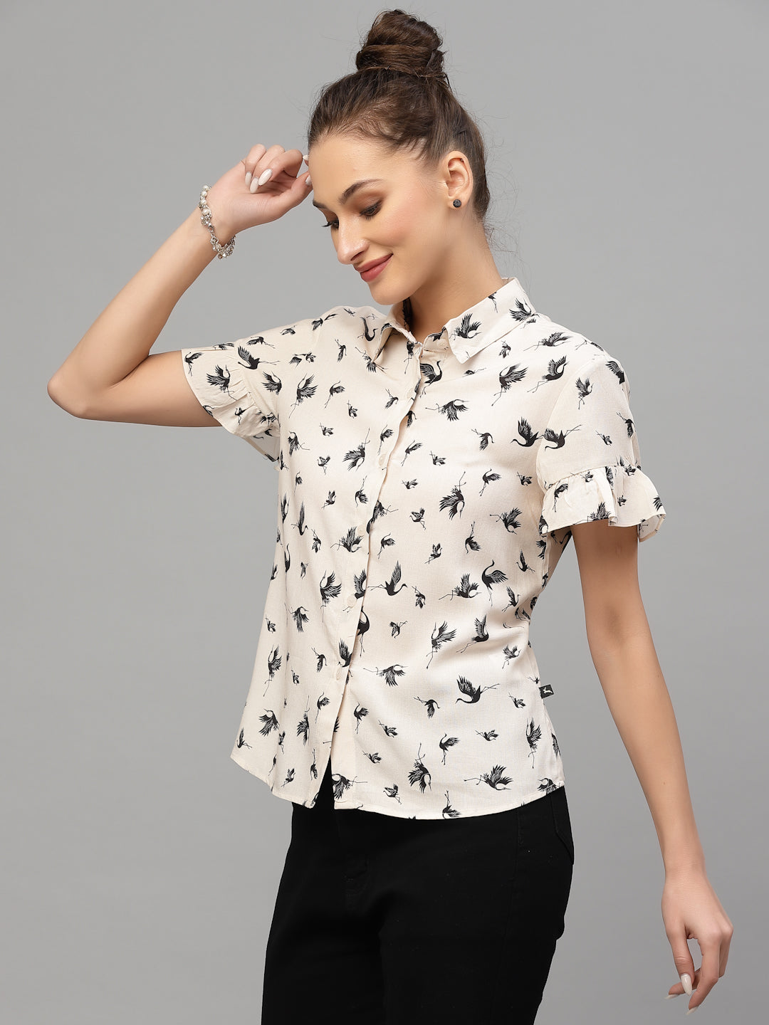 Valbone Women’s White Modal Silk Floral (Birds)Printed Shirt Half Sleeves