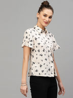 Valbone Women’s White Modal Silk Floral (Birds)Printed Shirt Half Sleeves