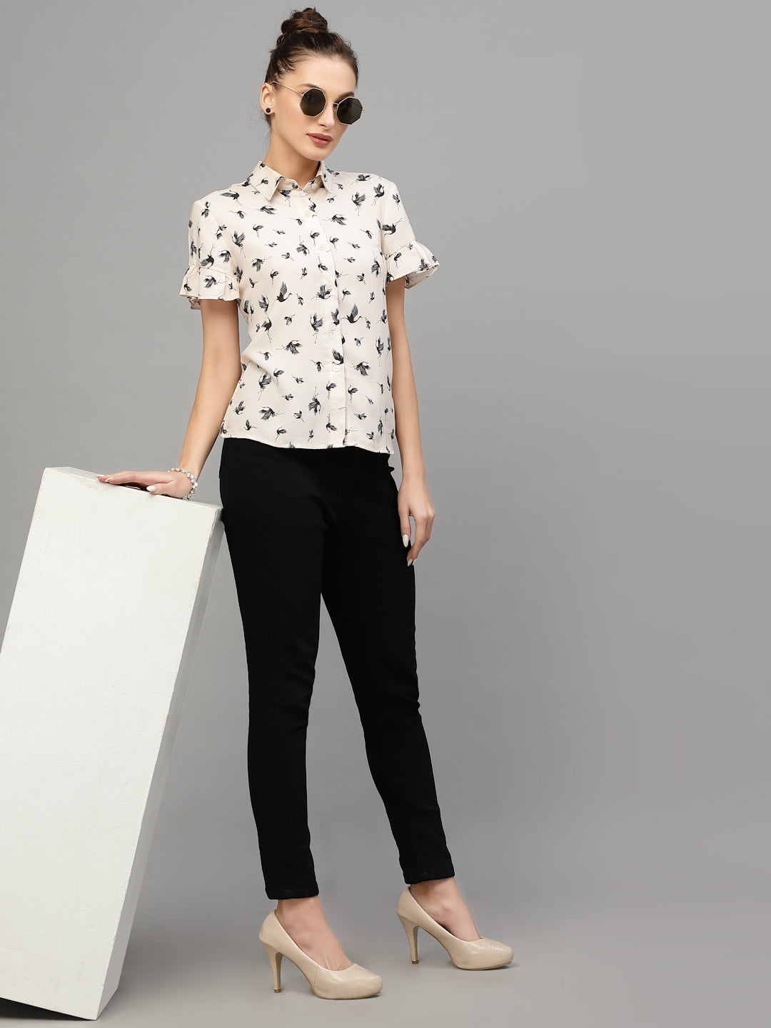 Valbone Women’s White Modal Silk Floral (Birds)Printed Shirt Half Sleeves