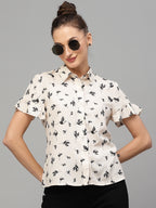 Valbone Women’s White Modal Silk Floral (Birds)Printed Shirt Half Sleeves