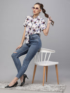 Valbone Women’s Blue Modal Silk Floral Printed Shirt