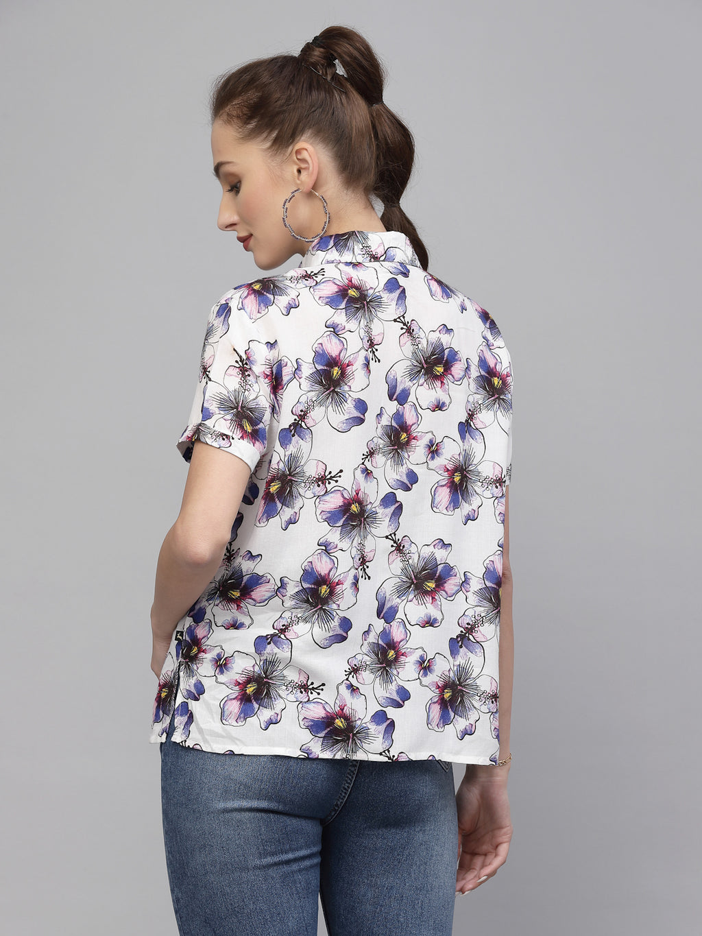 Valbone Women’s Blue Modal Silk Floral Printed Shirt