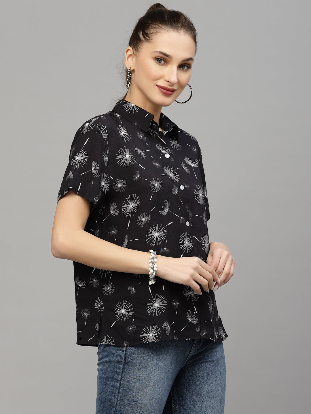 Valbone Women’s Black Modal Silk Floral Printed Shirt