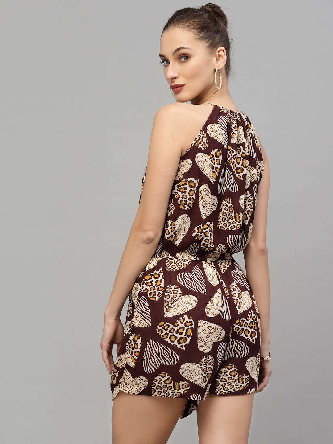 Valbone Women's Western Wear Brown Viscose Printed Tie & Short Jumpsuit