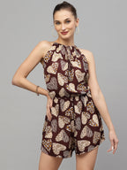 Valbone Women's Western Wear Brown Viscose Printed Tie & Short Jumpsuit