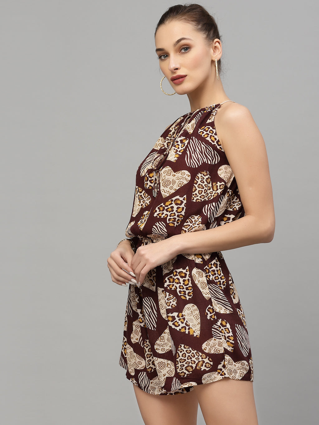 Valbone Women's Western Wear Brown Viscose Printed Tie & Short Jumpsuit