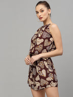 Valbone Women's Western Wear Brown Viscose Printed Tie & Short Jumpsuit