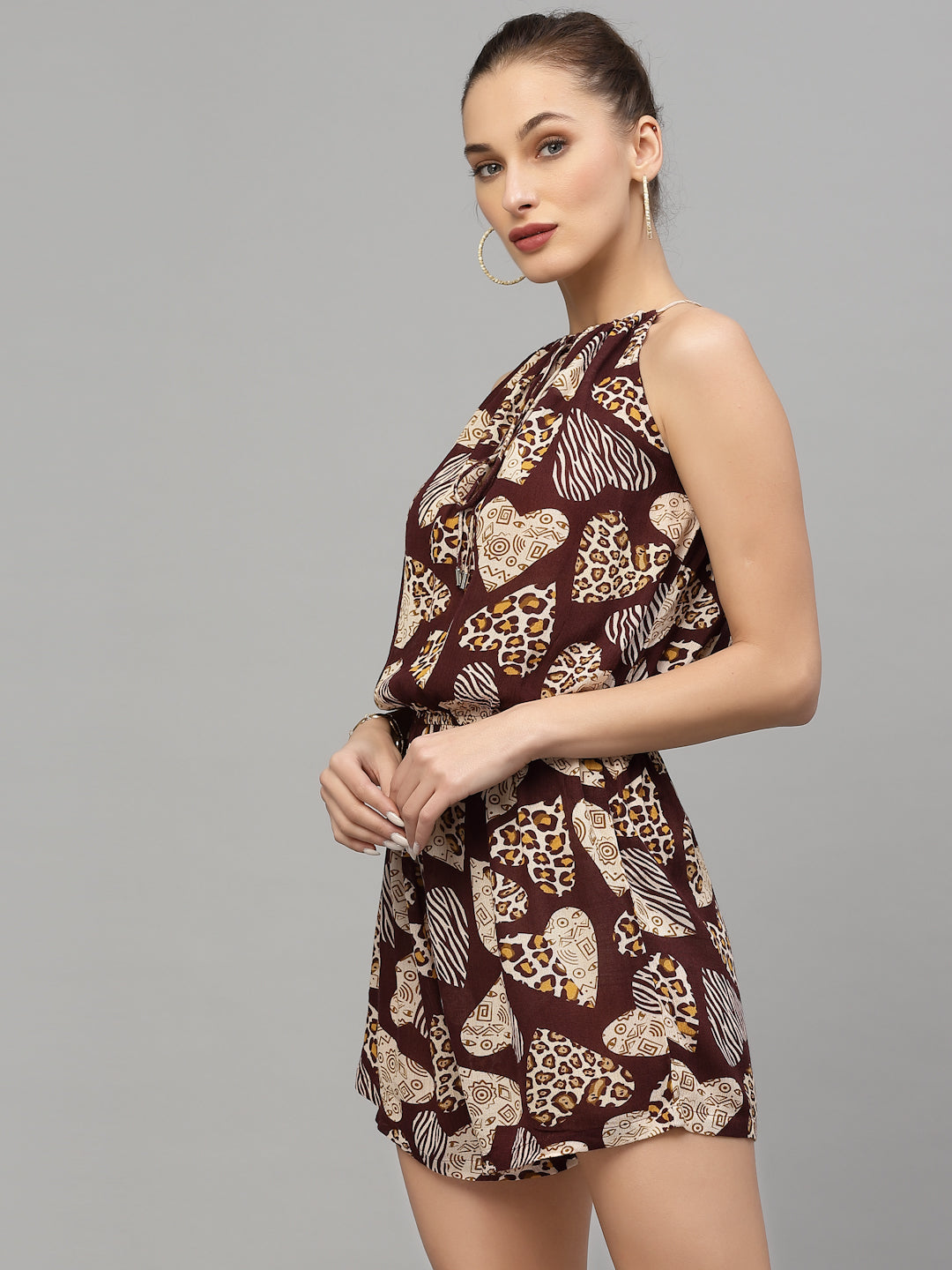 Valbone Women's Western Wear Brown Viscose Printed Tie & Short Jumpsuit