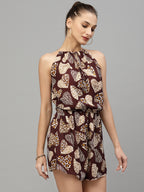 Valbone Women's Western Wear Brown Viscose Printed Tie & Short Jumpsuit
