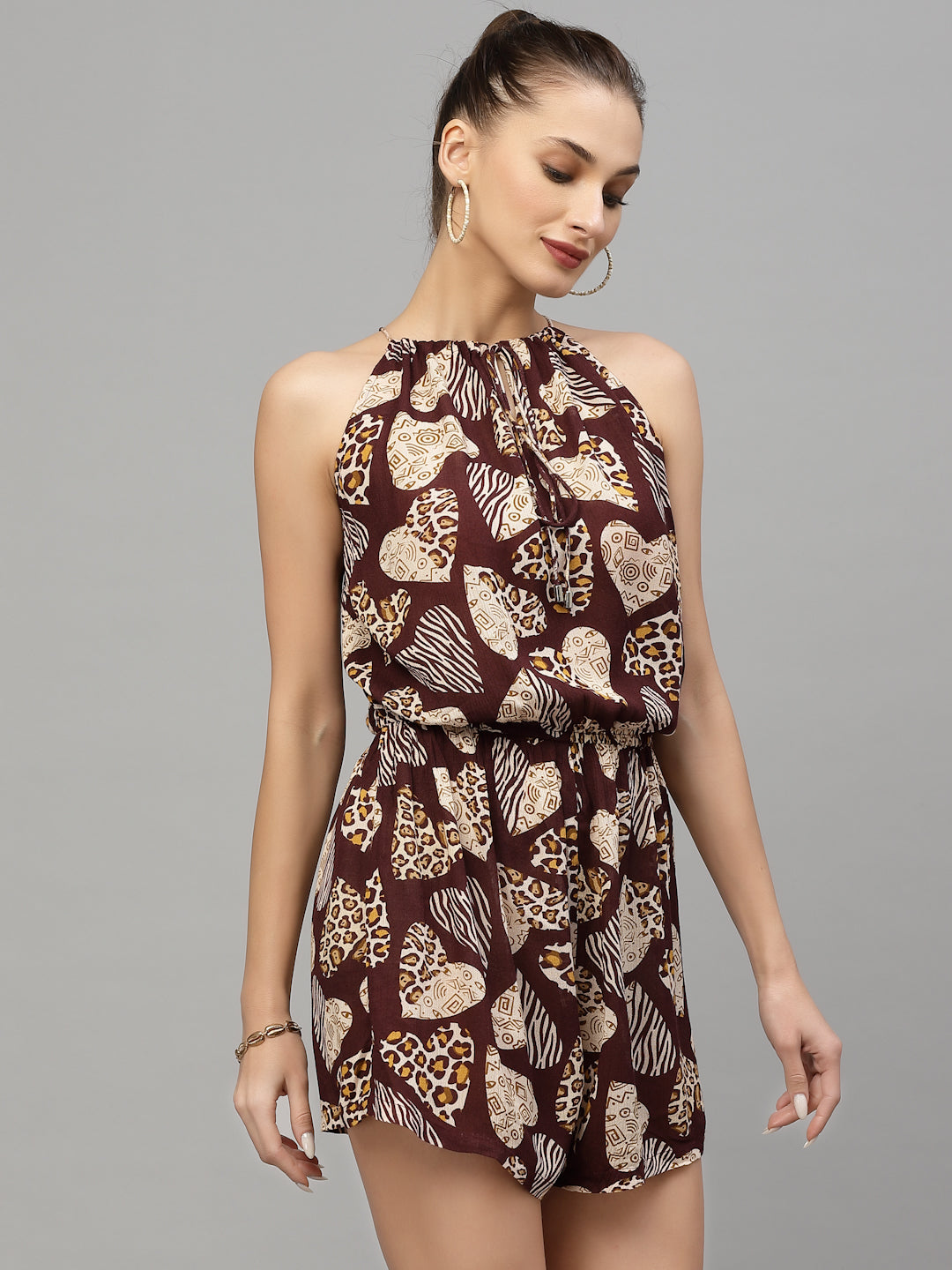 Valbone Women's Western Wear Brown Viscose Printed Tie & Short Jumpsuit