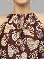 Valbone Women's Western Wear Brown Viscose Printed Tie & Short Jumpsuit