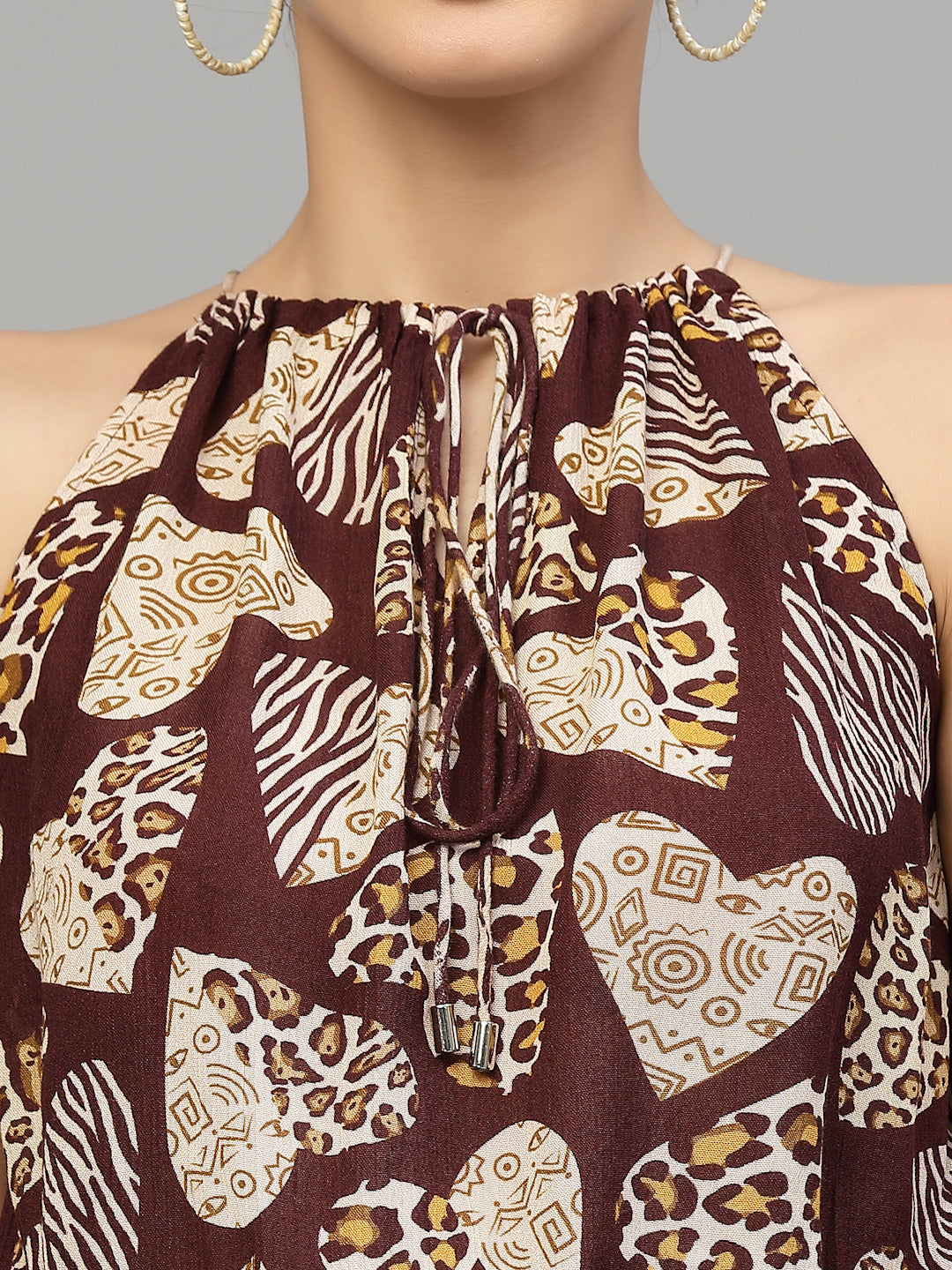 Valbone Women's Western Wear Brown Viscose Printed Tie & Short Jumpsuit