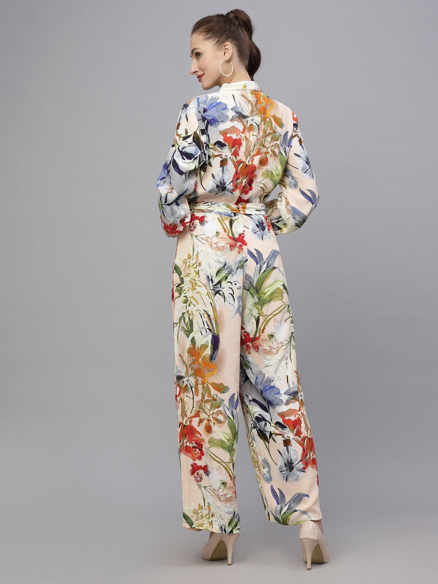 Valbone Women's Multi-color Viscose Floral Printed Jumpsuit with Collar & Belt