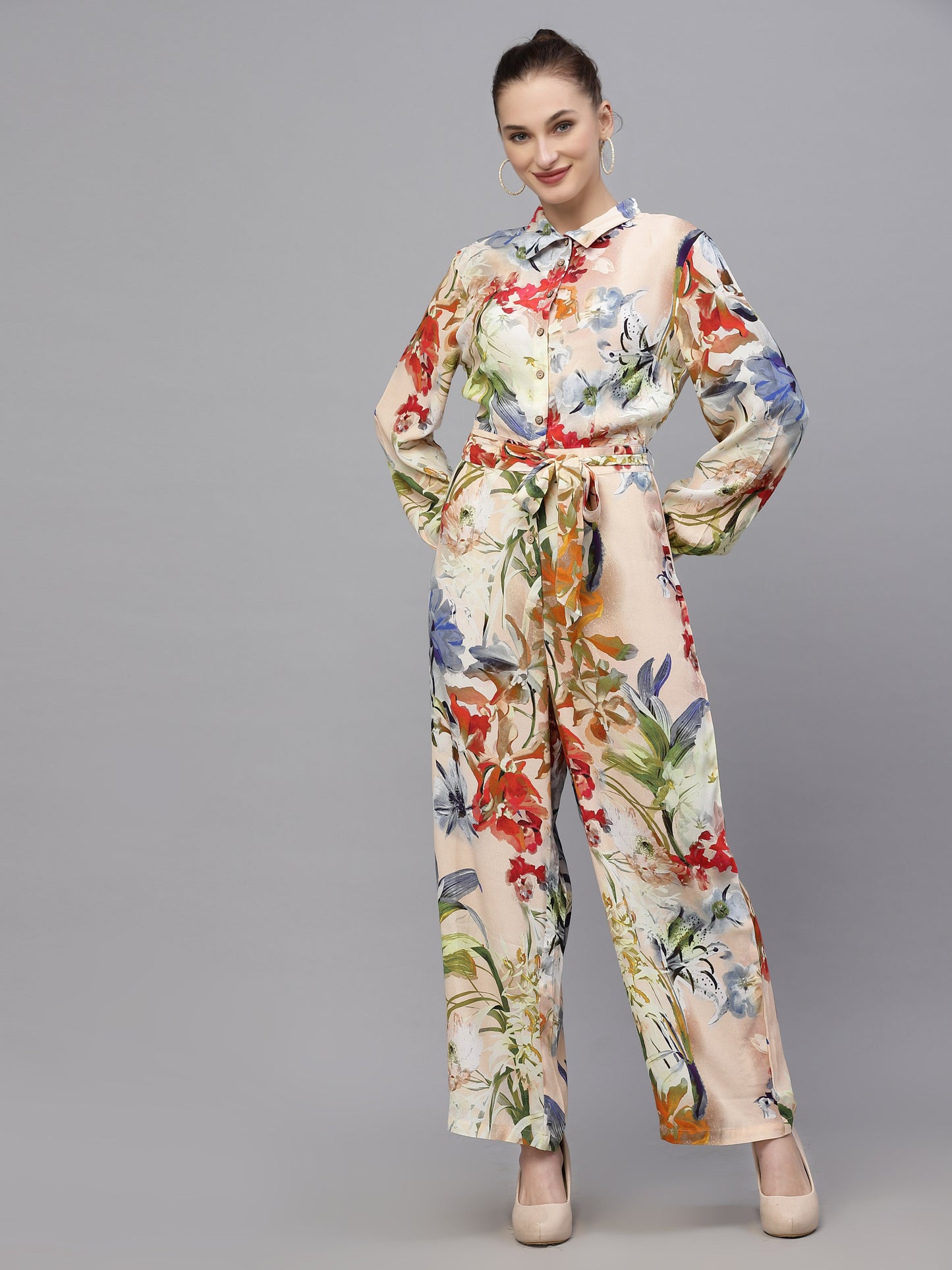 Valbone Women's Multi-color Viscose Floral Printed Jumpsuit with Collar & Belt