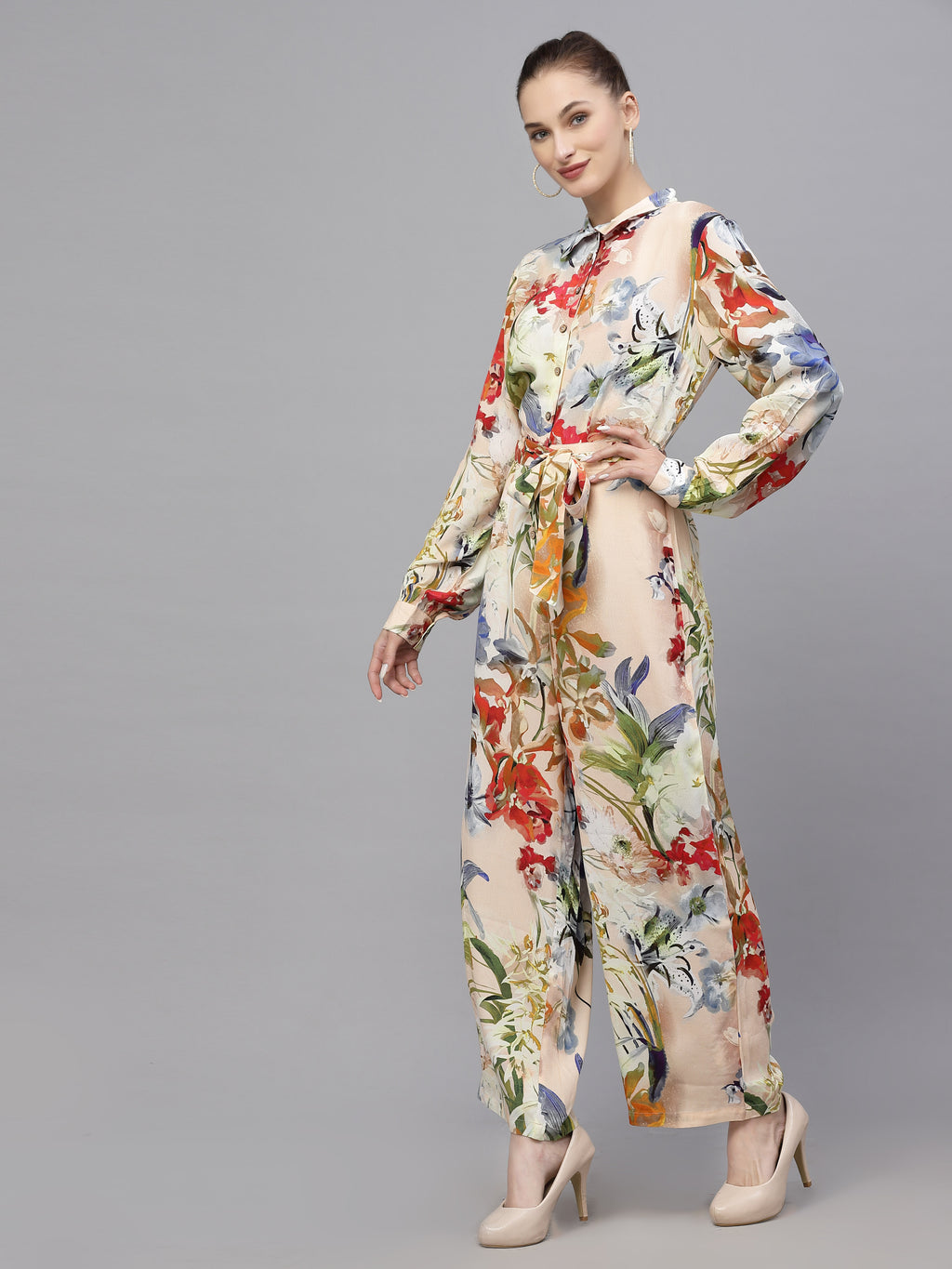 Valbone Women's Multi-color Viscose Floral Printed Jumpsuit with Collar & Belt