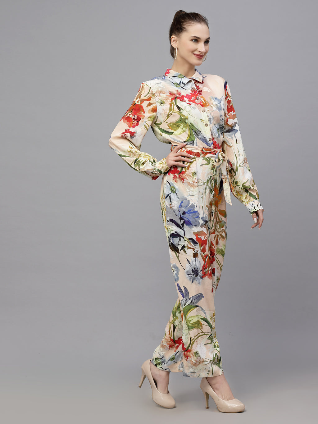 Valbone Women's Multi-color Viscose Floral Printed Jumpsuit with Collar & Belt