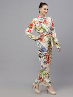 Valbone Women's Multi-color Viscose Floral Printed Jumpsuit with Collar & Belt