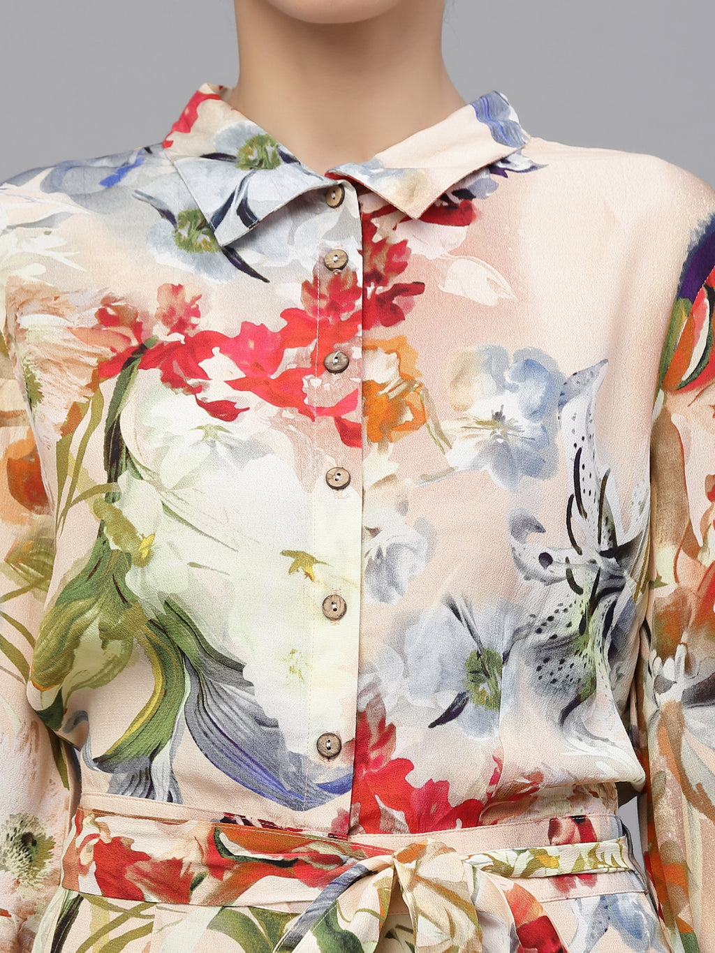 Valbone Women's Multi-color Viscose Floral Printed Jumpsuit with Collar & Belt