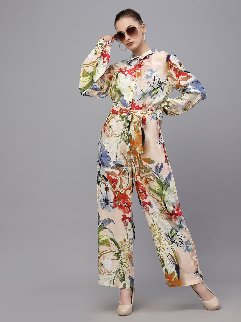 Valbone Women's Multi-color Viscose Floral Printed Jumpsuit with Collar & Belt