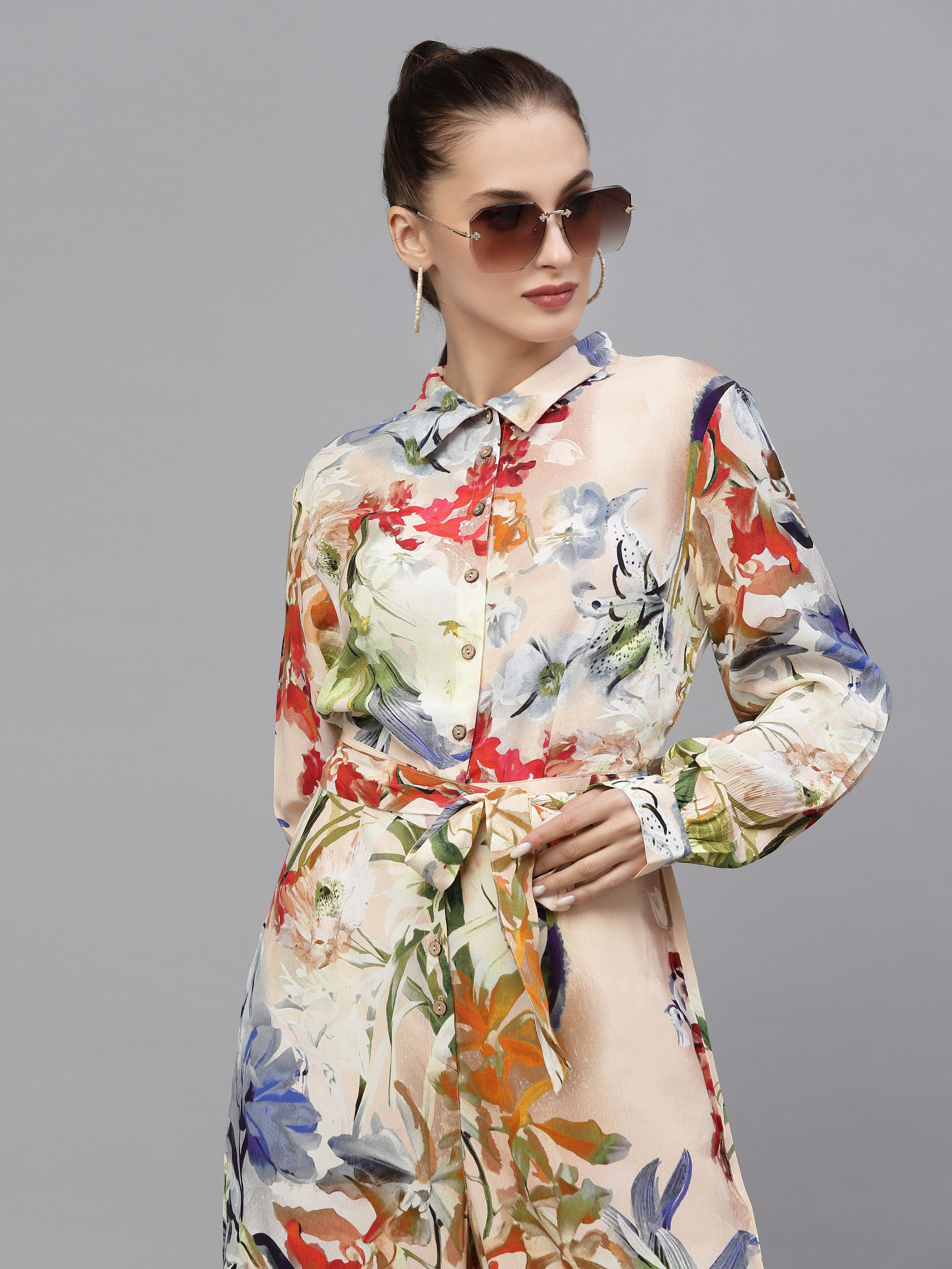 Valbone Women's Multi-color Viscose Floral Printed Jumpsuit with Collar & Belt