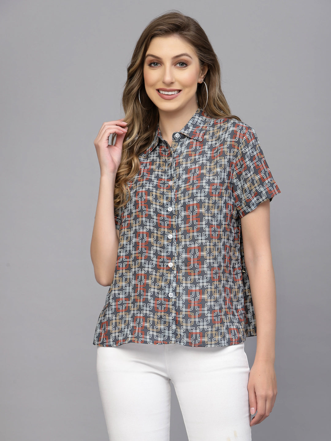 Valbone Women’s Black Modal Silk Geometric Printed Shirt