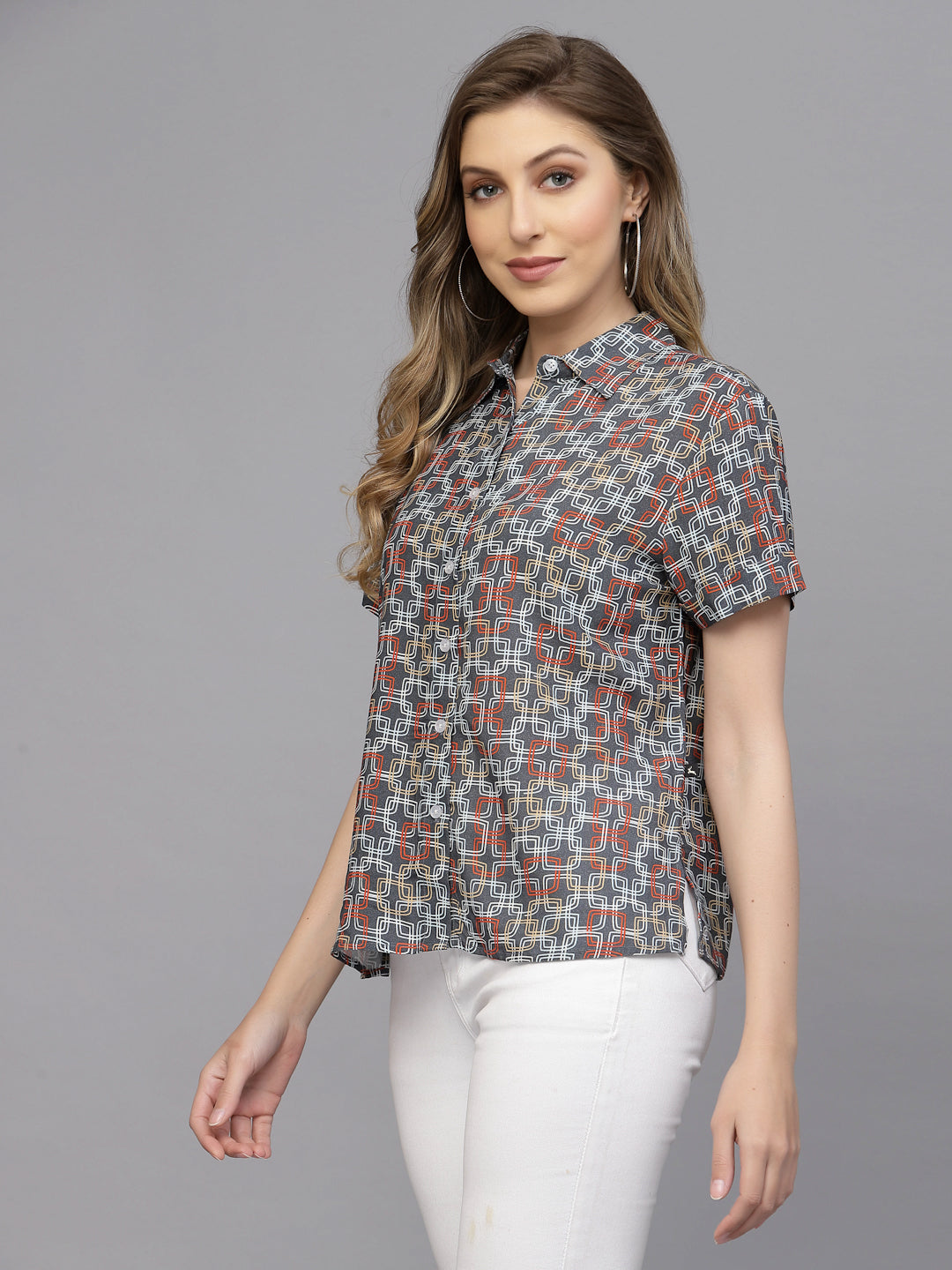 Valbone Women’s Black Modal Silk Geometric Printed Shirt