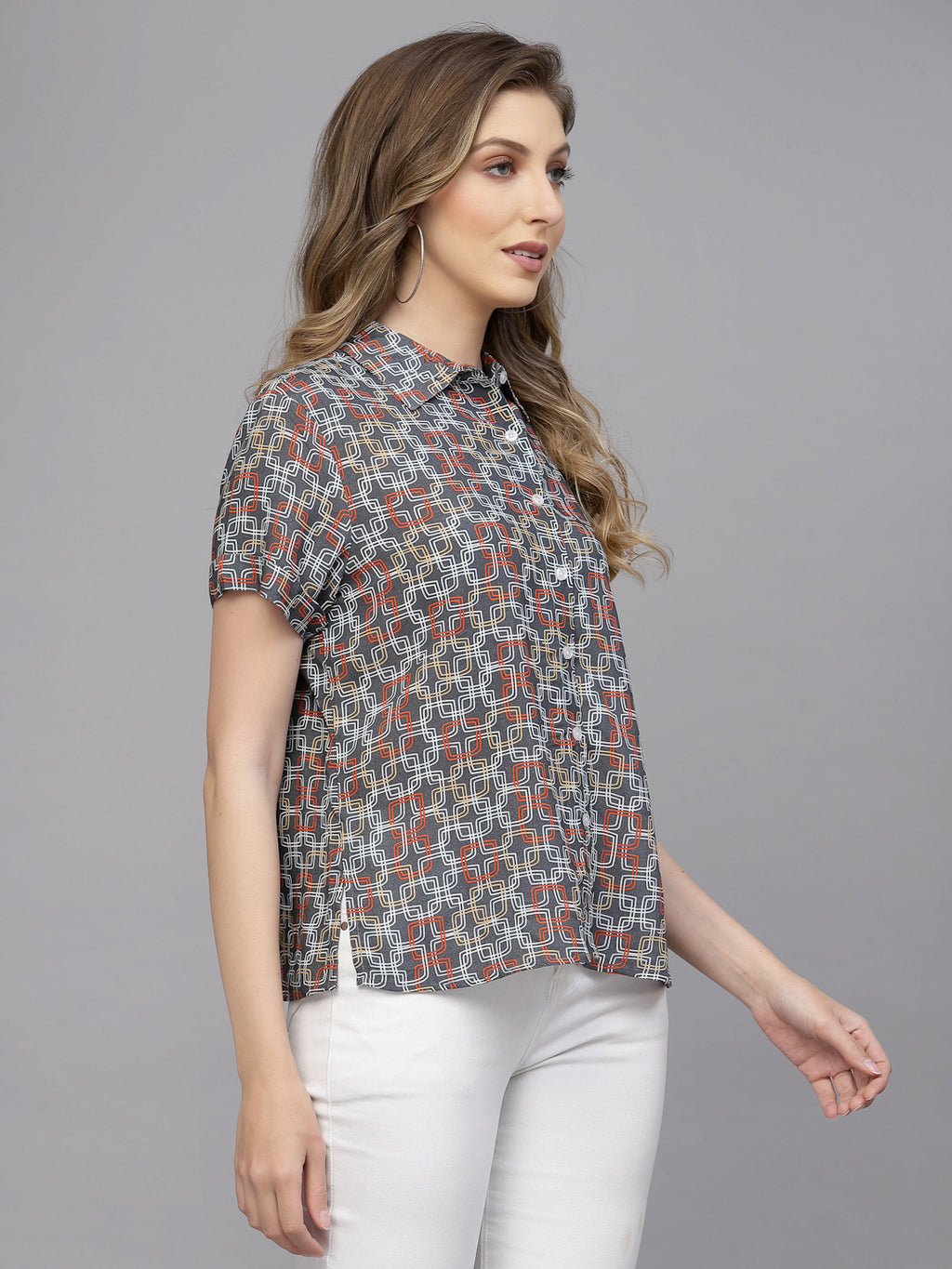 Valbone Women’s Black Modal Silk Geometric Printed Shirt