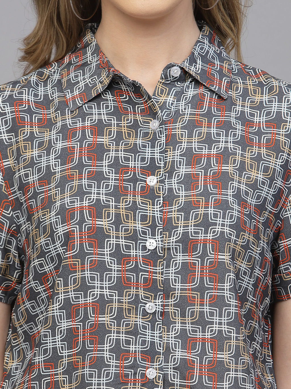 Valbone Women’s Black Modal Silk Geometric Printed Shirt