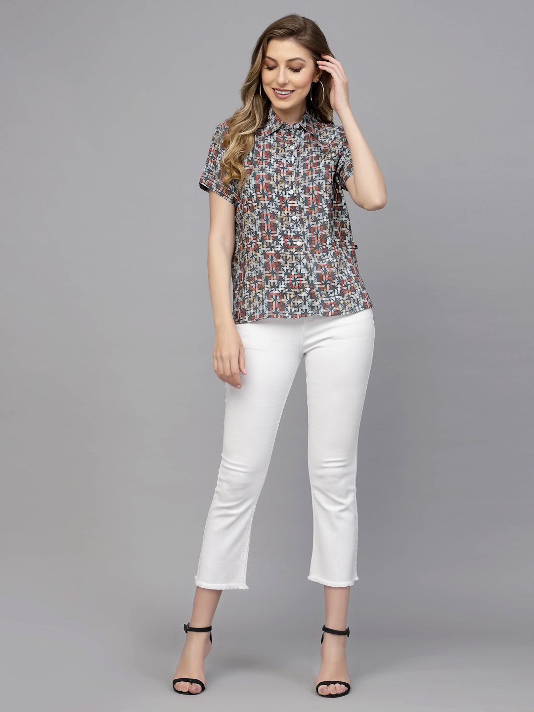 Valbone Women’s Black Modal Silk Geometric Printed Shirt